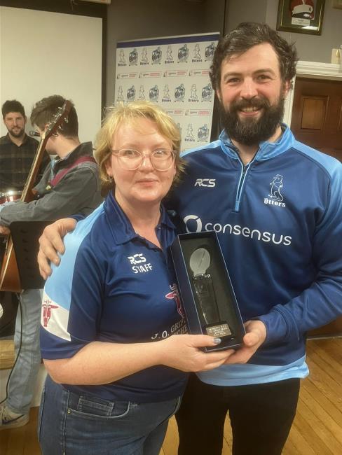 Richard Rees with Sally Morris after playing his 100th game for Narberth (Steve Thomas)